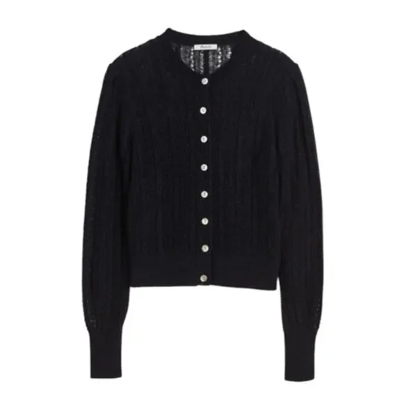 Madewell Pointelle Stitch Cardigan Women Size M Black Alpaca Blend NW803 New - Picture 1 of 10